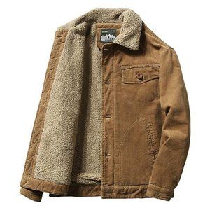 Men's Warm Corduroy Jacket Fur Collar Winter Casual Thermal Coat Camel Brown